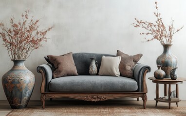 Side perspective of the sofa and vases, highlighting the arrangement of the ceramic vases on a side table next to the sofa. 