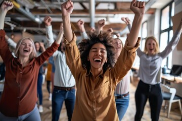 Group of young business people celebrating a victory in a modern office.