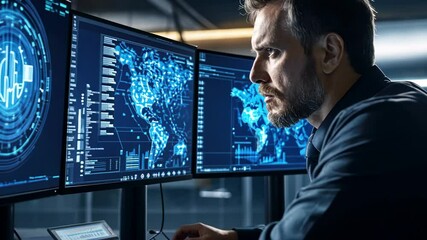 A man in a dark office sits looking at a screen with data on it.