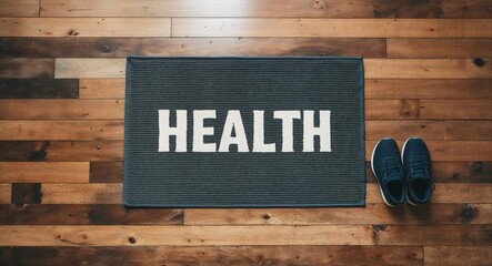 health text on mat rug in wooden floor background