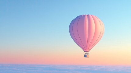 A pastel pink hot air balloon floating in a clear blue sky, with the horizon stretching out below