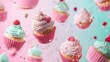 © LANDSCAPES - A collection of cupcakes with different toppings floating above a pastel background