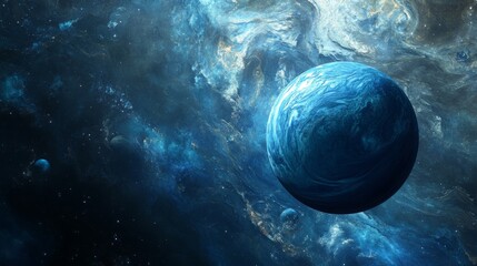 A blue planet with swirling clouds in a nebula with a starry background.