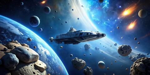 Wall Mural - Spaceship floating in outer space surrounded by asteroids, spaceship, outer space, asteroids, floating