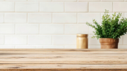 Poster - Empty wooden table with plant and jars against white brick wall. Minimalist kitchen mockup concept with copy space