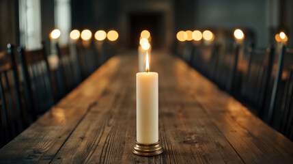 Aufkleber - Lit pillar candle on long wooden table with blurred candles in the background. Warm and rustic dining ambiance concept for evening events and decor