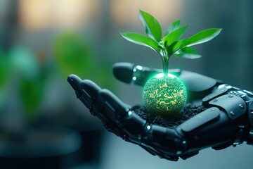 robot hand holding a glowing plant, symbolizing technology and nature integration