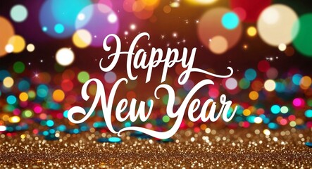 happy new year calligraphic lettering on colorful bokeh glitter festive sparkles background