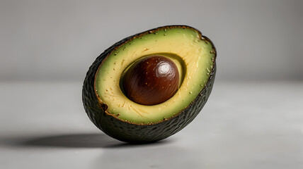 A perfectly ripe avocado, sliced in half with the pit exposed, isolated on a plain white background