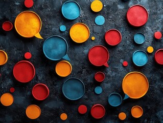 colorful paper speech bubbles scattered across a dark textured background, illustrating the vibrancy of social media dialogues and diverse communication