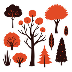 Collection vintage hand drawn illustration in sketch style. Set of different silhouettes of trees and bushes without leaves. Dense forest. Elements for design