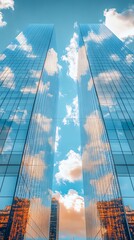 Two towering skyscrapers with mirrored glass facades reflecting the blue sky and white clouds above.