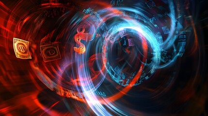 An abstract digital rendering depicting dynamic currency symbols in motion, representing economic policy shifts, with swirling patterns and vibrant colors symbolizing the impact on global markets. 