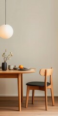 Japandi dining room with light wooden furniture, rice paper pendant lamp, and a minimalist table setting   rice paper lamp, wooden furniture, minimalist dining