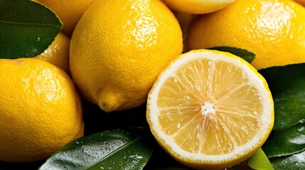 Fresh lemons and leaves: vibrant citrus background for food and beverage design