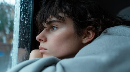 Person Gazing Thoughtfully Out During Rainy Day