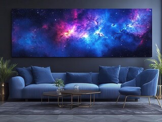 Wall Mural - galactic panorama showcasing vivid nebulae in vibrant blues and purples, sparkling stars scattered across the darkness of space, enhancing a feeling of wonder and infinity