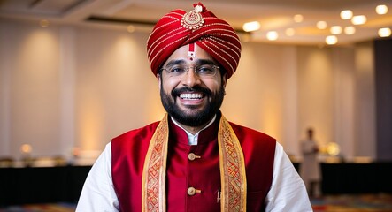 Adult Indian man in traditional formal wear happy expression portrait photo cultural event background