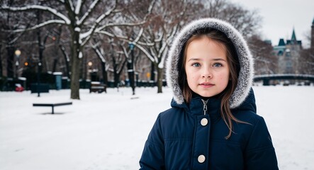 Canadian child girl in a winter coat neutral expression portrait photo snow covered park background