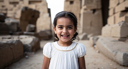 Egyptian child girl in white cotton dress joyful expression portrait photo ancient ruins background