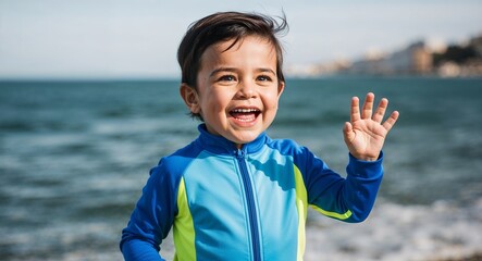 Spanish toddler boy in a sporty outfit joyful expression portrait photo seaside background