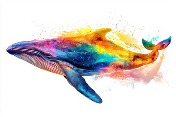 Wall Mural - An abstract colorful whale, isolate on white background, with bold strokes and dynamic colors.