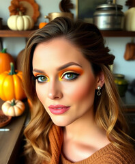 Stylish woman with autumn-inspired makeup poses against a cozy background with pumpkins. Her vibrant eyeshadow and natural beauty reflect the essence of the fall season.

