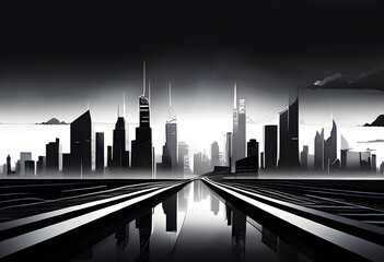 modern city skyline using clean lines and geometric forms