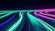 © sanntoru - Gradient of green to blue neon road speed. Light abstract laser trace from the movement of cars. LED curves fast strips.