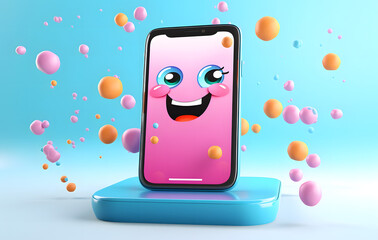 Cheerful cartoon mobile phone with smiling face isolated on background showing happiness and joy in fun 3D illustration.