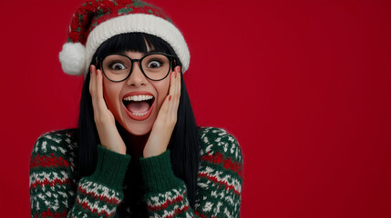 Beautiful excited girl in Santa Claus hat smiling and looking at camera isolated over red background