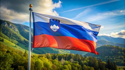 Slovenia's national flag flutters gracefully in the wind, showcasing its vibrant colors and deep symbolism, embodying the nation's identity and