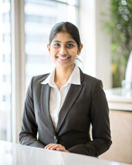 Image of a smiling india woman working at a hotel reception or in the hospitality industry, wearing suit looking at the camera from the front, with copy space