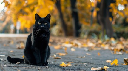 Black cat relaxing outside and observing the camera copy area, Generative AI.