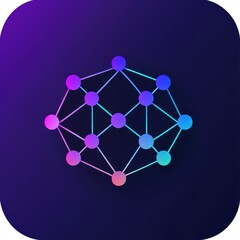 A modern, abstract network graphic with interconnecting nodes in vibrant purple and blue hues on a dark background. mobile application icons