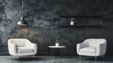 A modern minimalist interior featuring two white armchairs, a small table, and a dark wall with simple decor, creating a sleek, clean design.
