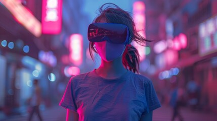 Woman wearing virtual reality glasses in the city at night.