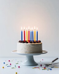 a birthday cake with candles on plain white background