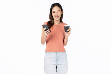 young asian woman holding smartphone and coffee cup isolated on white background.