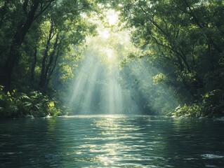 sunlight pierces through a dense forest canopy, creating a mystical tunnel of light over a gently flowing river, accentuated by lush greenery and vibrant reflections on the water