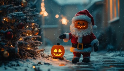 Poster - A  pumpkin-headed Santa Claus stands in the snow next to a Christmas tree.