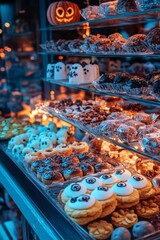 Poster - A bakery display case filled with Halloween-themed pastries.