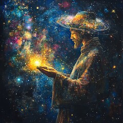 Canvas Print - A bearded man with a wide brimmed hat holds a glowing orb in his hand, surrounded by a starry sky.