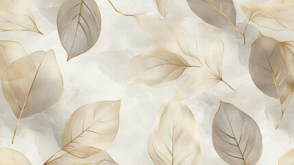 Abstract pattern of golden and gray leaves on a white background.