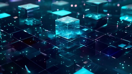 Poster - a close-up video of a digital chain link, rendered in a 3d, blue-toned environment, create a represe