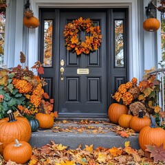 Poster - A black front door with an autumnal wreath and pumpkins on the porch.