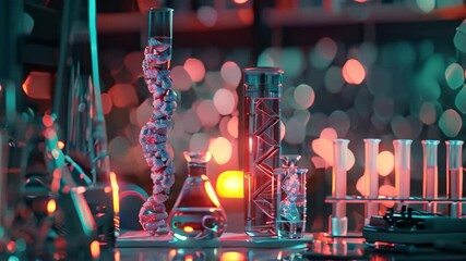 Poster - A close-up video of a laboratory setting with test tubes containing genetic material, illuminated by colorful lights, Create a visualization of genetic engineering in a lab setting