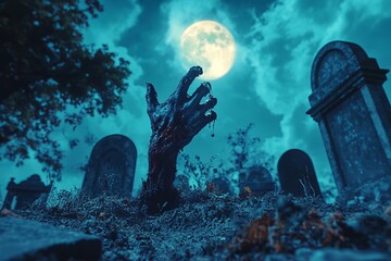 Sticker - A bloody zombie hand rises from the ground in a cemetery under a full moon.