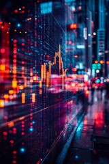 Canvas Print - A blurry cityscape with a stock market graph displayed on a large screen, with bright red and blue lights reflecting on the wet pavement.