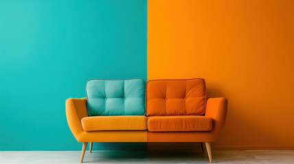 vibrant minimalist living room showcases two toned wall with teal and orange color scheme, complemented by stylish sofa that enhances cheerful atmosphere